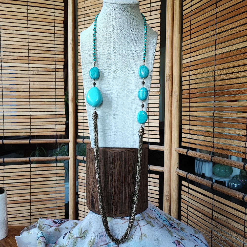 BEBE Spider Web Faux Acrylic Turquoise Brass Gold Tone Extra Long Necklace NWT